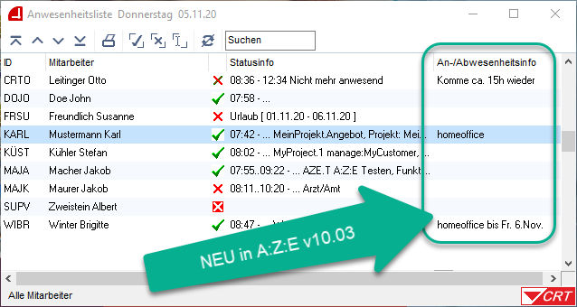 Zusätzliche An-/Abwesenheitsinfo in der Anwesenheitsliste.