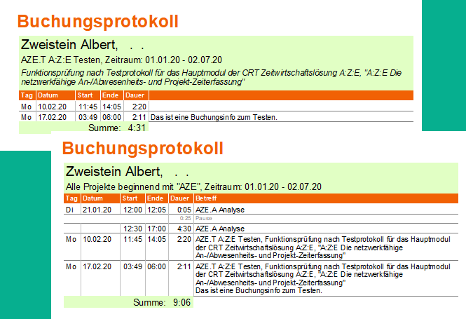 Anzeige von Zeitbuchungen mit Betreff und Buchungsinfo